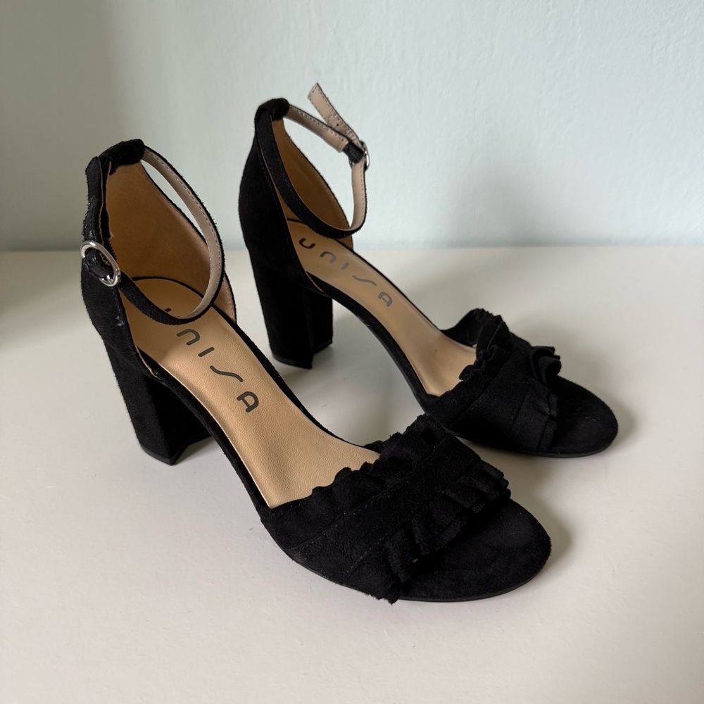 Unisa Women's Black Suede Ruffle Heels | Size US 6.5